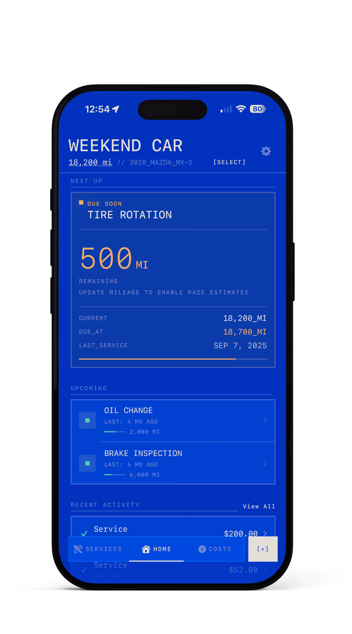 Checkpoint app dashboard showing maintenance timeline with Next Up card and upcoming services
