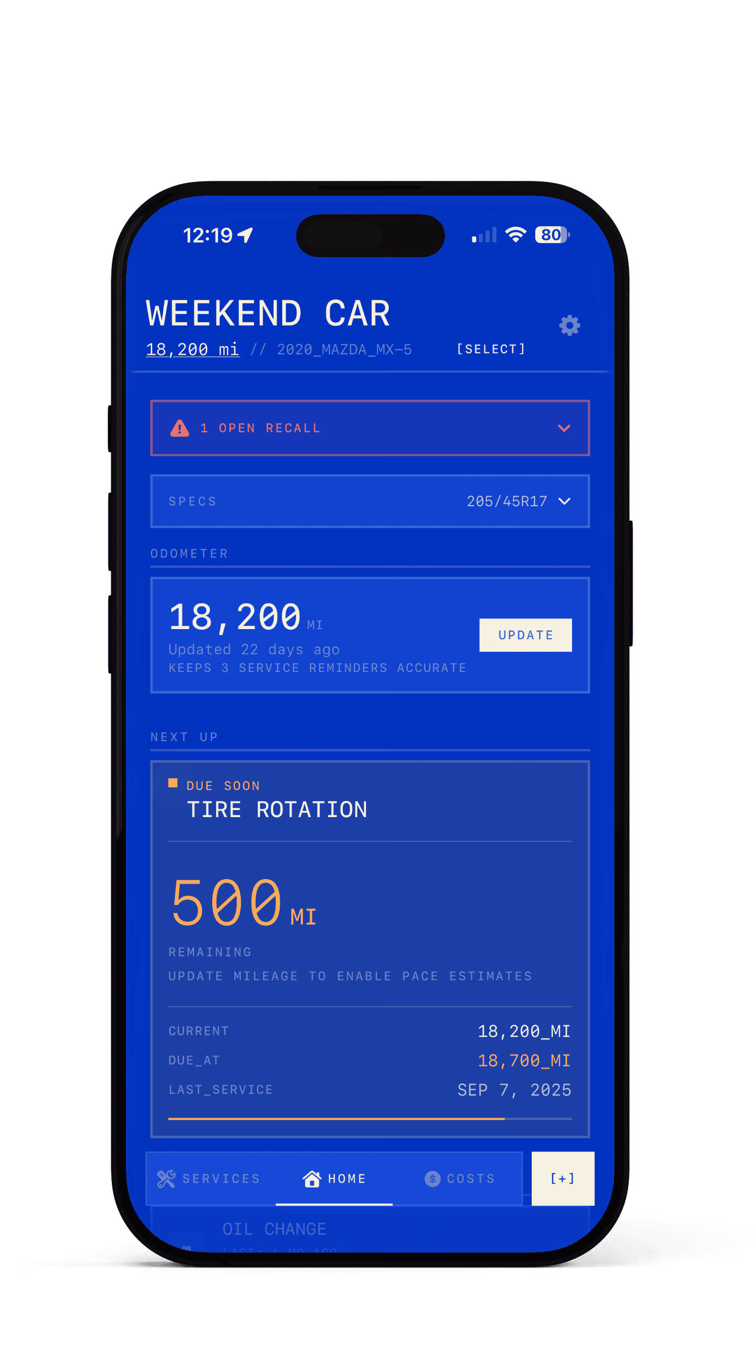Checkpoint app home screen showing vehicle dashboard with Next Up card and odometer