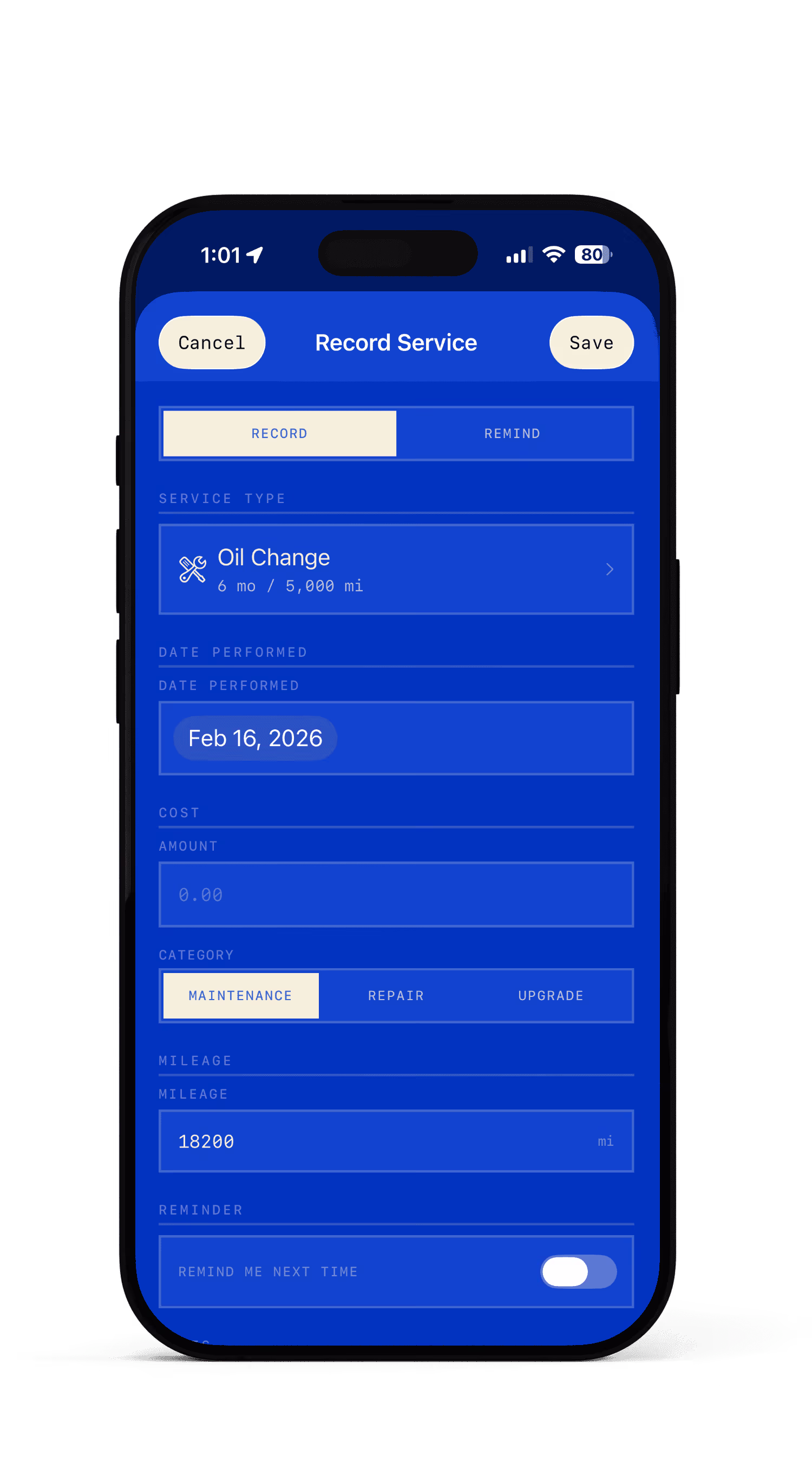 Checkpoint app service entry form showing oil change with date, cost, category, and mileage fields